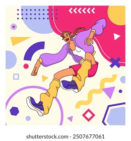 Creative geometric card. Cartoon young character. Happy girl portrait. Excited man flying. Abstract shapes. Free flight. Flat figures or color spots. Floating pose. Joyful person. Vector banner design