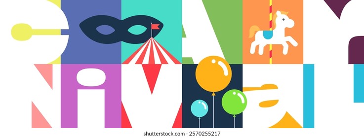 Creative geometric carnival flyer with bold typography. Colorful amusement park horizontal banner with carousel, circus tent, balloons and festive mask. Funfair celebration billboard. Party invitation