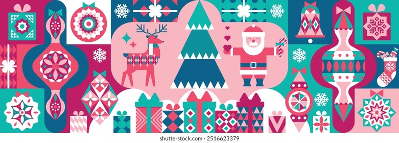 Creative geometric Christmas background with symbols of Christmas tree decorations, gifts, Santa Claus, deer and  fir tree. Banner, pattern, texture for packaging, souvenirs