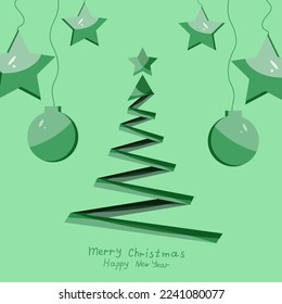 Árbol de navidad geométrico creativo sobre fondo verde con estrella, bolas e inscripción. Tarjeta de felicitación navideña con pino. Tarjeta de invitación de año nuevo. Material de marketing. Concepto de banner de sitio web.