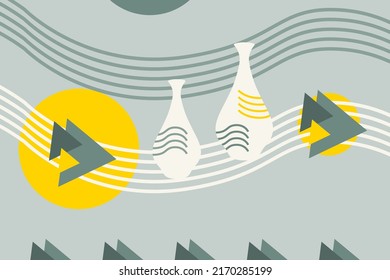 Fondo abstracto geométrico creativo colorido con jarrones sobre fondo gris. Diseño de conjunto para impresiones, carteles, tarjetas, etc. Ilustración vectorial.