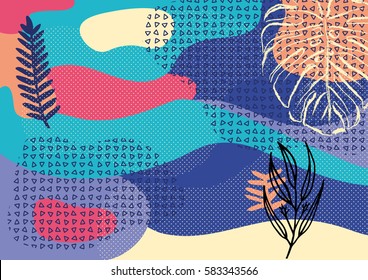 Creative geometric colorful background with patterns and floral elements. Collage. Design for prints, posters, cards, etc. Vector.