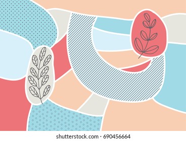 Creative geometric colorful background with patterns and floral elements. Collage. Design for prints, posters, cards, etc. Vector.