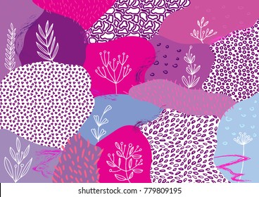 Creative geometric colorful background with patterns and floral elements. Collage. Design for prints, posters, cards, etc. Vector.