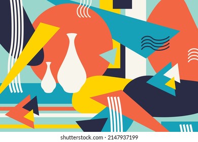 Kreativer, geometrischer, bunter Hintergrund mit Formen und Figuren. Abstraktes Collage Design für Drucke, Poster, Karten, etc. Vektorgrafik.