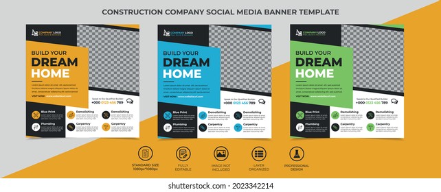 creative geometric construction company social media post template design, an image can be placed in the design. fully editable, well organized, eye catchy template. vector web banner, eps 10 version.