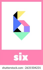 Creative geometric design featuring the number six in pastel colors against a white background.Tangram puzzle.Educational card for children on a white background.