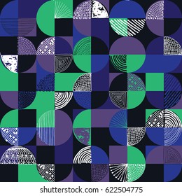 Creative geometric and handdrawn seamless pattern, pencil and marker doodles in a random geometric grid repeating background