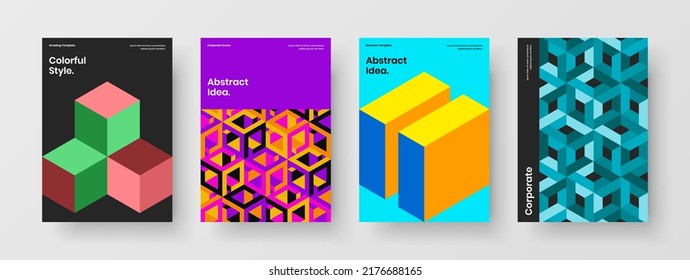 Creative geometric hexagons handbill concept bundle. Premium leaflet A4 vector design layout composition.