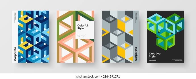 Creative geometric hexagons pamphlet illustration collection. Multicolored postcard A4 design vector template bundle.