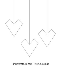 Creative geometric icon of three hearts hanging on strings. Romantic vector outline doodle isolated on transparent background. Line thickness editable