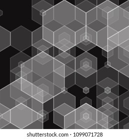 Creative geometric illustration in a polyginal style. Gray hexagonal figures on a black background. Ideas for business advertising, design, fashion, science, medicine. Technologies and textures.