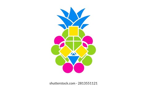 A creative geometric interpretation of a pineapple fruit composed of vibrant colored circles triangles and squares on a white background