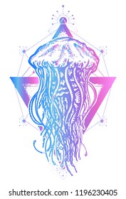 Creative geometric jellyfish tattoo art t-shirt print design poster textile. Jellyfish. Mystical symbol of adventure, dreams, deep sea 