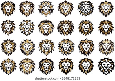Creative Geometric Lion Head Icon Set with Modern Abstract Style and Gold Accents Animal Logos Collection
