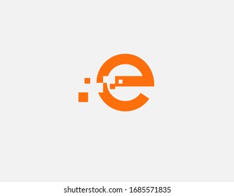 Creative geometric logo sign in orange letter E with pixel elements for your company