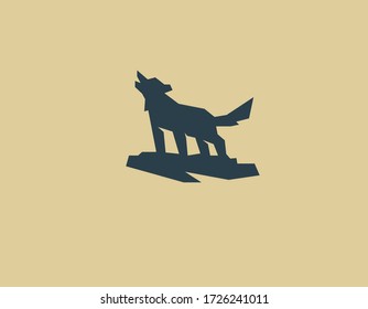 Creative geometric logo silhouette icon of a howling wolf on a rock for your company