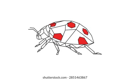 Creative geometric low poly ladybug illustration featuring a detailed polygonal line art body and striking red spots.