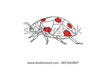 Creative geometric low poly ladybug illustration featuring a detailed polygonal line art body and striking red spots.