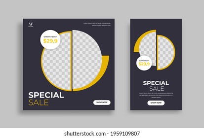 Creative geometric modern social Media post and story design template set for promotion, internet ads. Vector.