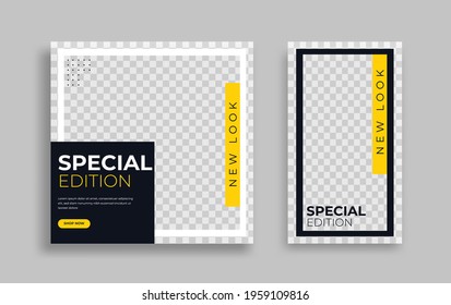 Creative geometric modern social Media post and story design template set for promotion, internet ads. Vector.