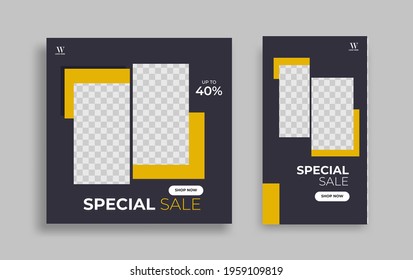 Creative geometric modern social Media post and story design template set for promotion, internet ads. Vector.
