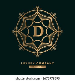 Creative geometric ornament letter D logo. Elegant and modern mandala logo for Royal hotel, restaurant, Premium boutique, Fashion logo. Letter D golden vintage.