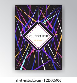 Creative geometric page template, lines in neon colors violet purple pink blue and yellow. Print and web design decoration, elegant  vector illustration with 3D effect.