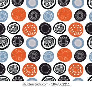 Creative geometric pattern with drawn circles. Colorful stylized print, seamless texture in a bright contrasting color palette - red, blue, black. Abstract contemporary modern trendy design. Vector 
