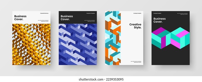 Creative geometric pattern handbill illustration composition. Simple magazine cover A4 design vector template bundle.