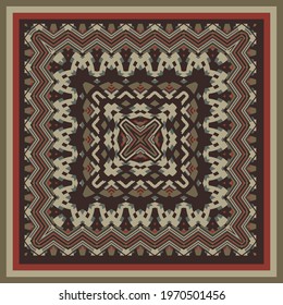 Creative geometric pattern in oriental style. Square ornament for scarves, pillows, for printing on fabric or paper. Frame. Ribbons.