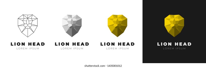 Creative geometric polygonal triangular lion head set. Linear contour gray gold versions. Vector illustration emblem