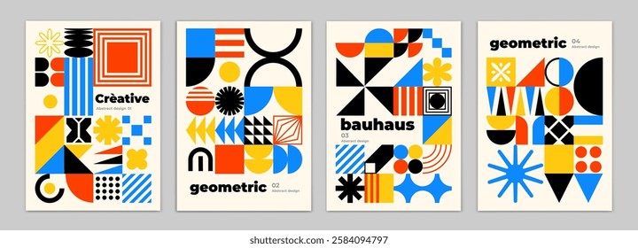 Creative geometric posters. Bauhaus cover templates with abstract geometry. Retro architecture minimal shapes, forms, lines design set. Magazine, journal or album creative art cover. Vector