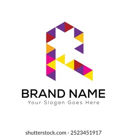 Creative geometric R letter logo design with colorful triangular shapes for a modern brand identity

