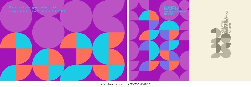 A creative geometric representation of 2025, using vibrant purple, blue, and orange tones in a modern vector design. Ideal for branding, exhibition materials, and sale banners.