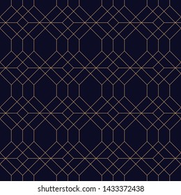 Creative geometric seamless ornamental background. Grid repeatable golden pattern - elegant blue design. Rich decorative texture