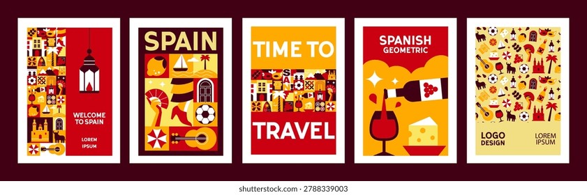 Creative geometric Spanish poster set with simple travel icons and cultural symbols, modern Spain vacation illustrations inspired by Mediterranean holidays, festivals, travel designs
