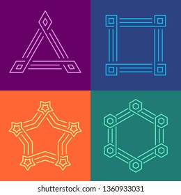 Creative geometric style linear frames set. Different color geometric shapes cornered frames with triple line borders. Editable stroke width.
