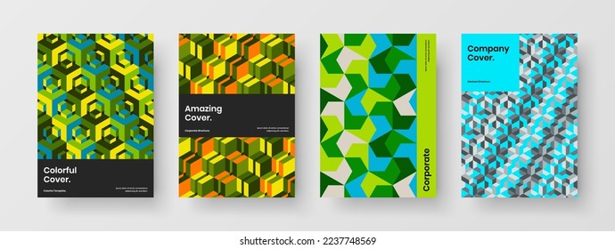 Creative geometric tiles banner layout set. Vivid flyer A4 vector design template bundle.