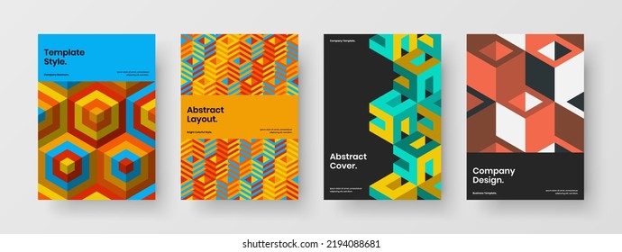 Creative geometric tiles book cover template collection. Vivid leaflet A4 vector design illustration set.
