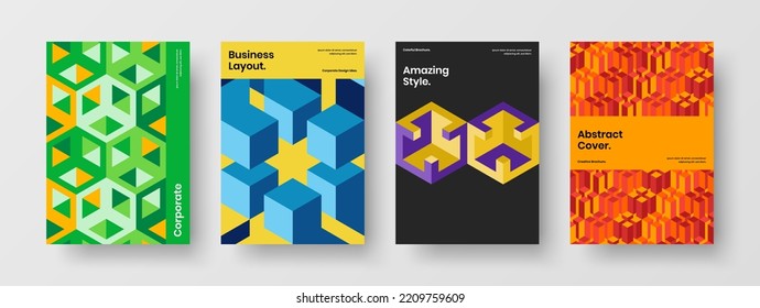 Creative geometric tiles company brochure illustration bundle. Amazing handbill A4 vector design layout collection.