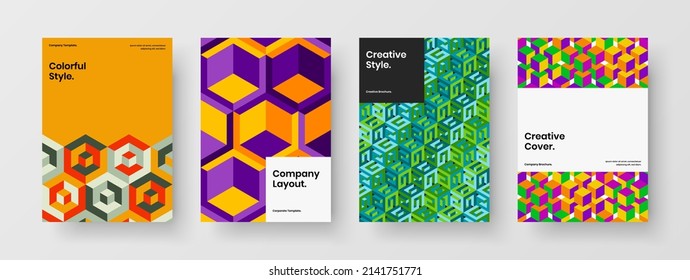 Creative geometric tiles front page illustration bundle. Vivid journal cover design vector concept set.