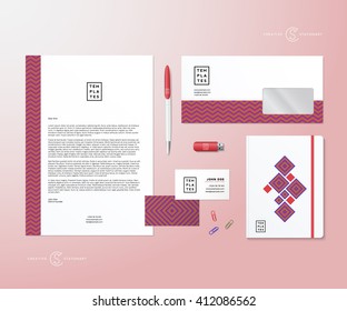 Creative Geometry Pink and Blue Realistic Vector Stationary Set with Soft Shadows. Good as Template or Mock Up for Business Identity. Isolated.