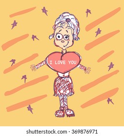 Creative gift card I Love You. Cute cartoon in kid's style drawing. Curious person funny girl with big heart. Idea for design on Valentines day, weeding, parties . Vector Illustration.