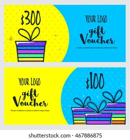 Creative Gift Voucher, Coupon or Certificate in yellow and sky blue colors with illustration of wrapped gifts.