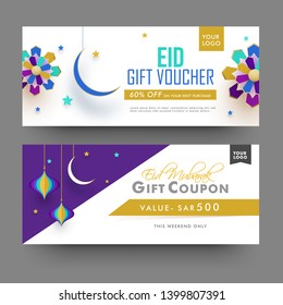 Modelo de Cupom ou Vale Presente Criativo definido em dois estilos diferentes, fundo tipográfico colorido elegante para a celebração do Festival Eid Mubarak.