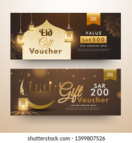 Plantilla de cupón o cupón de regalo creativo ambientada en dos estilos diferentes, elegante y colorido fondo tipográfico para la celebración del Festival Eid Mubarak.