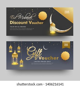 Creative Gift Voucher or Coupon template set in two different styles, Stylish colorful typography background for Eid Mubarak Festival celebration.