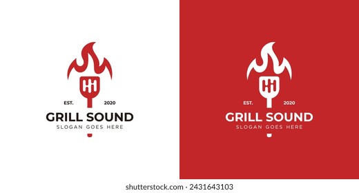 Creative Gill Sound Logo. Spatel und Schallwellen und Feuer Flamme mit minimalistischem Stil. Barbecue Restaurant Logo Symbol Vektor Design Vorlage.