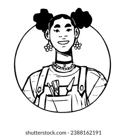 Creative girl artist with paintbrush in apron, face avatar in circle. Happy young woman, head portrait. Painter user profile in contour round. Outline isolated vector illustration on white background